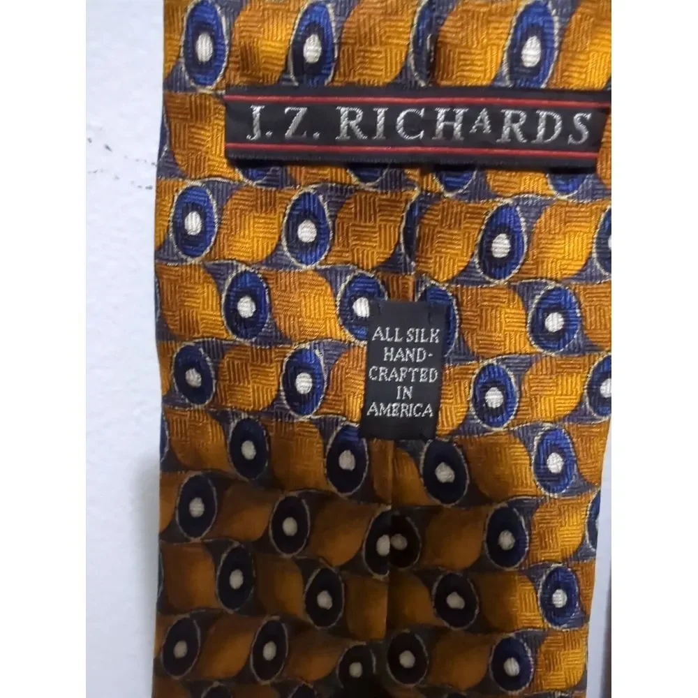 JZ‎ Richards Mens Silk Tie Gold Navy Blue Geometric Circles Hand Crafted USA